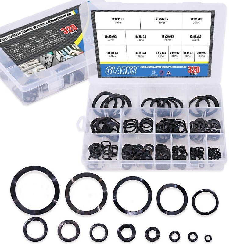 Glarks 320Pcs Carbon Steel Compression Type Wavy Wave Crinkle Spring Washers Assortment Kit - Image 1
