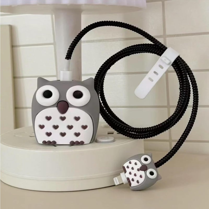 Like Star حافظة حماية LikeStar® مع واقي كابل حلزوني متوافق مع شاحن iPhone 18W و 20W، غطاء واقي للشاحن، غطاء حافظة للشاحن، غلاف حماية، موفر كابل (بومة سوداء) - Image 2