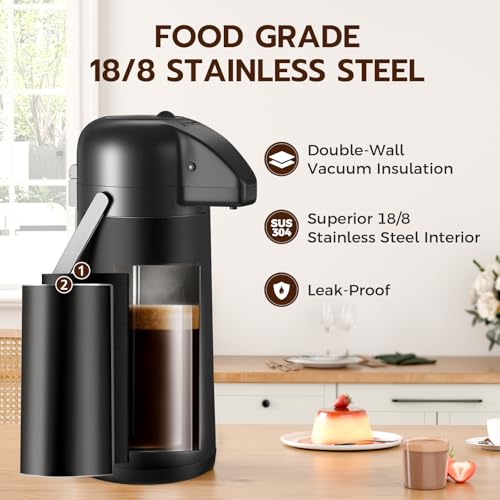 Gezoss Coffee Carafe for Keeping Hot - 102OZ / 3L Airpot Coffee Dispenser with Pump - Large Coffee Thermos for Hot Drinks Tea Liquid - Insulated Stainless Steel Hot Water Beverage Dispenser for Parties,Black - Image 2