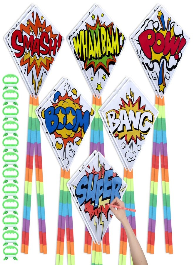 Silipull 12 Pcs DIY Hero Kites for Kids Bulk Color Your Own Diamond Shaped Kites Making Kit with 12 String and Long Tails Decorating Coloring Pack for Kids Outdoor Games Beach Park - Image 1