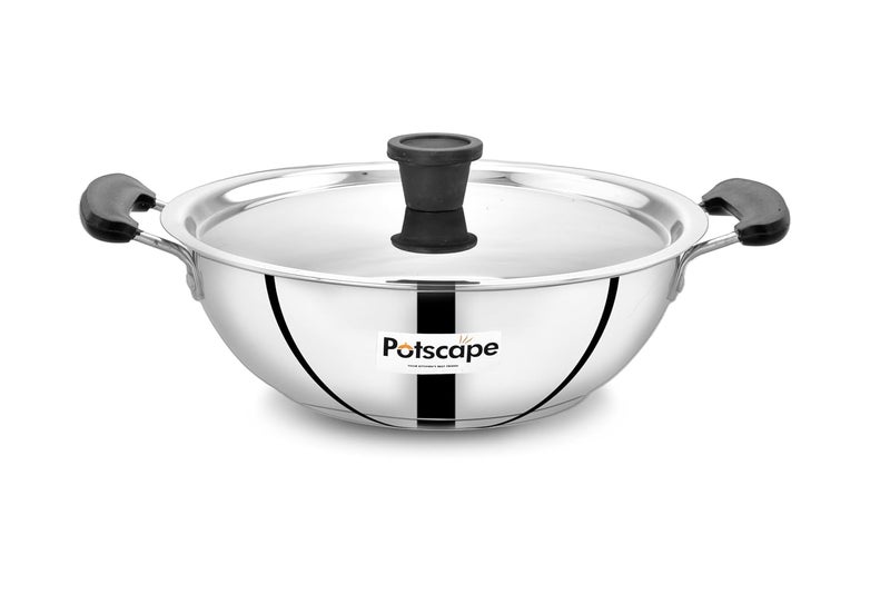 Potscape Essential Stainless Steel Kadai with Lid 24 cm Capacity 25 LTR 22 Gauge Dishwasher Safe Fuel Efficient Deep Kadai for Frying Gas and Induction Compactible 24 CM 25 LTR - Image 1