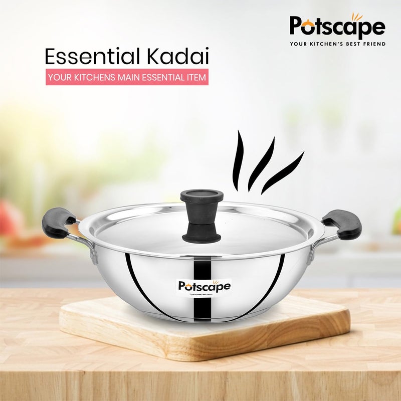 Potscape Essential Stainless Steel Kadai with Lid 24 cm Capacity 25 LTR 22 Gauge Dishwasher Safe Fuel Efficient Deep Kadai for Frying Gas and Induction Compactible 24 CM 25 LTR - Image 5