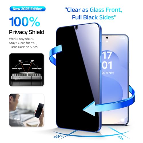 EZ-GLAZ-4 Pack for Samsung Galaxy S25/ S24 Privacy Screen Protector [6.2"], 100% Fingerprint Unlock, 9H Tempered Glass, Scratch Resistant, 100% Bubble-Free, Case Friendly with Installation Box - Image 3
