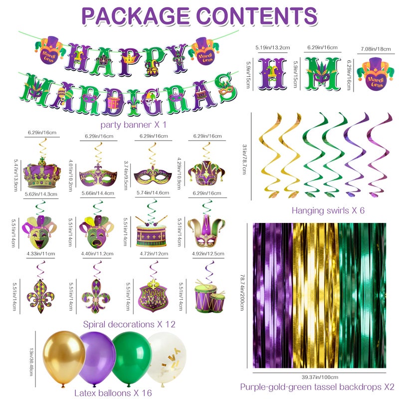 J6&H6 28PCS Mardi Gras Decorations Kit With Banner, Tassel Garlands Backdrops, Balloons (Purple Gold Green), Hanging Swirls For Mardi Gras Decor Carnival Party Supplies Masquerade Party - Image 2