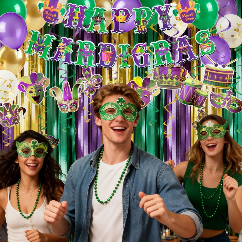 J6&H6 28PCS Mardi Gras Decorations Kit With Banner, Tassel Garlands Backdrops, Balloons (Purple Gold Green), Hanging Swirls For Mardi Gras Decor Carnival Party Supplies Masquerade Party - Image 3