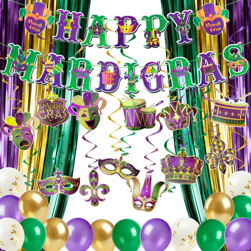 J6&H6 28PCS Mardi Gras Decorations Kit With Banner, Tassel Garlands Backdrops, Balloons (Purple Gold Green), Hanging Swirls For Mardi Gras Decor Carnival Party Supplies Masquerade Party - Image 1