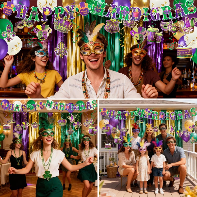 J6&H6 28PCS Mardi Gras Decorations Kit With Banner, Tassel Garlands Backdrops, Balloons (Purple Gold Green), Hanging Swirls For Mardi Gras Decor Carnival Party Supplies Masquerade Party - Image 5
