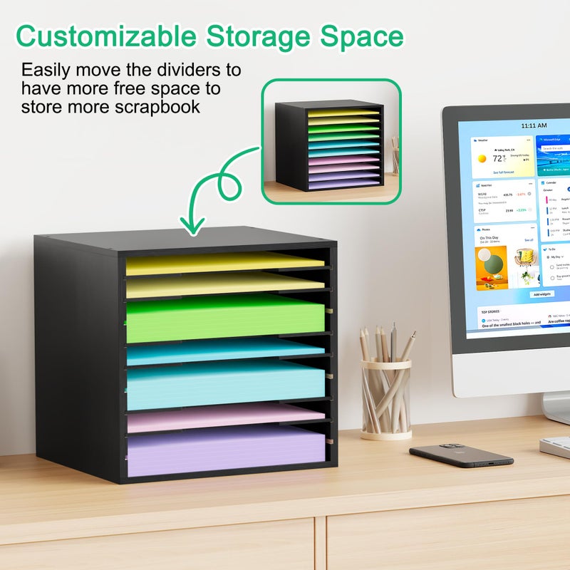 EasyPAG Scrapbook Paper Storage Organizer for Craft Room, 12x12 Paper Storage Desk Shelf, 10 Slot Adjustable File Sorter for Office School Classroom, Black - Image 4