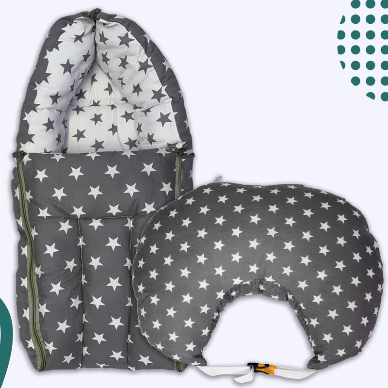Infans Mini مجموعة سرير الأطفال الصغيرة إنفانس للمولودين - حقيبة نوم للأطفال، وسادة تغذية للأطفال مثالية للأطفال من 0 إلى 6 أشهر (رمادي نجمي) - Image 1