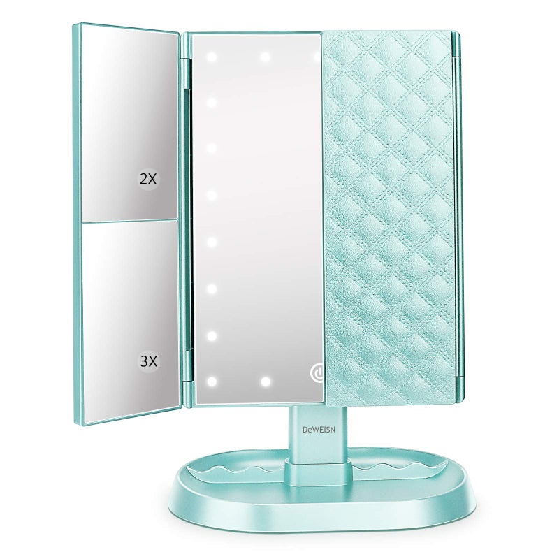 deweisn Trifold Lighted Vanity Makeup Mirror with 21 LED Lights1x2x3x Magnification Touch Screen DimmingTwo Power Supplies Makeup Mirror Gift for Women