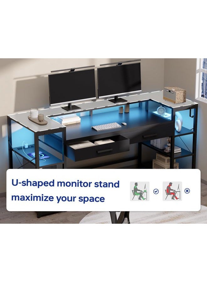 Pamray 58 Inch Computer Desk with Monitor Stand and Shelves Gaming Desk with LED Lights & Power Outlets PC Vanity Table with 2 Drawers for Home Office Vintage - Image 2