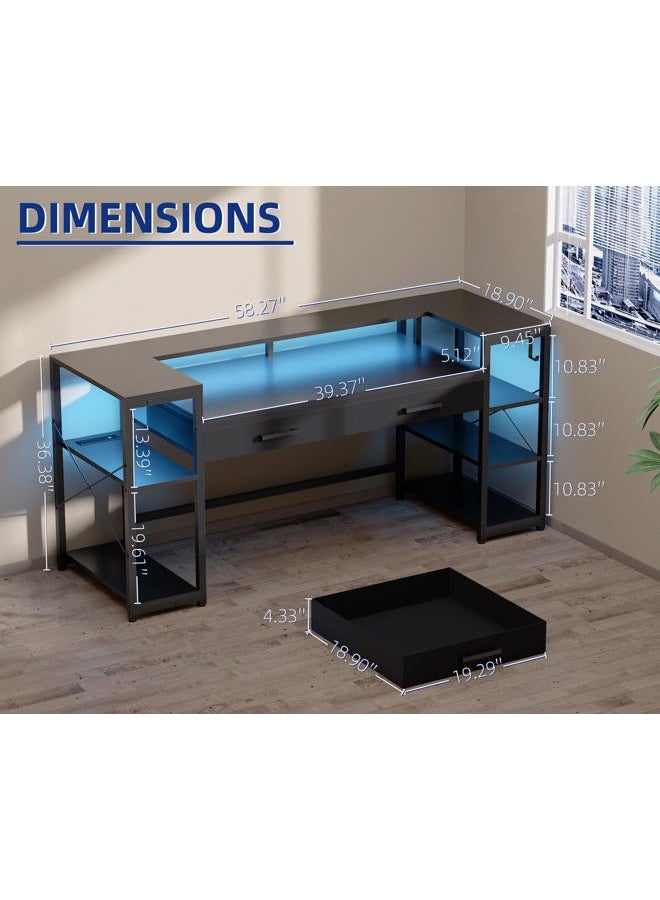 Pamray 58 Inch Computer Desk with Monitor Stand and Shelves Gaming Desk with LED Lights & Power Outlets PC Vanity Table with 2 Drawers for Home Office Vintage - Image 5