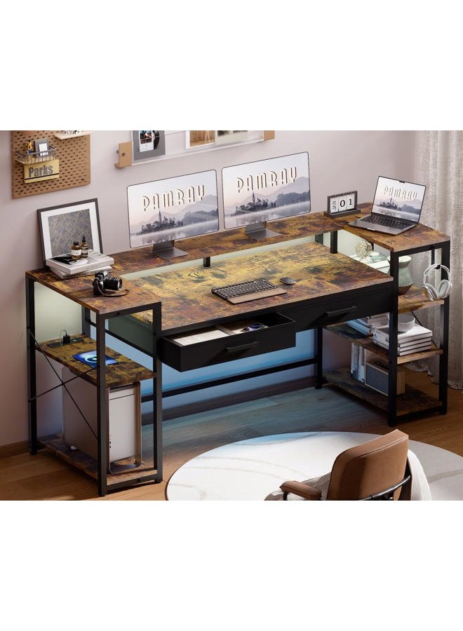 Pamray 58 Inch Computer Desk with Monitor Stand and Shelves Gaming Desk with LED Lights & Power Outlets PC Vanity Table with 2 Drawers for Home Office Vintage - Image 1