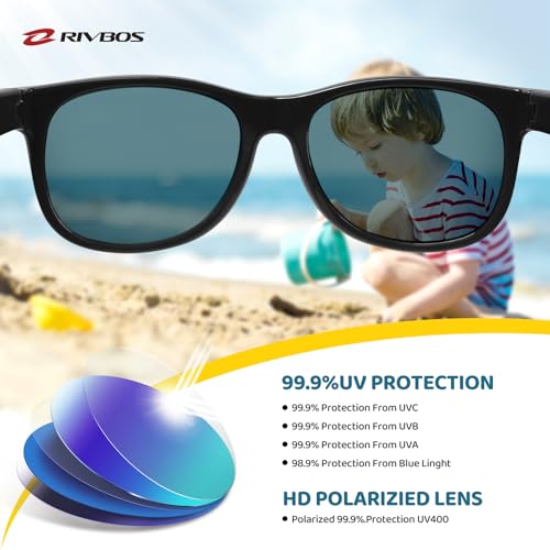 RIVBOS Kids Sunglasses Boys with Strap Polarized Rubber Flexible Shades for Toddler and Children Age 3-10 RBK004-2 Black Ice Red Lens - Image 3