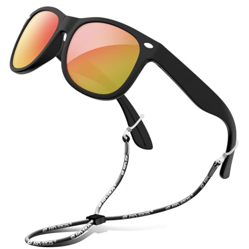 RIVBOS Kids Sunglasses Boys with Strap Polarized Rubber Flexible Shades for Toddler and Children Age 3-10 RBK004-2 Black Ice Red Lens - Image 1