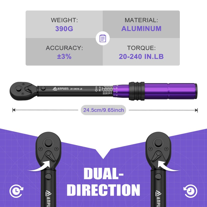 ANPUDS 1/4 Inch Drive Click Torque Wrench, 20-240 in.lb/2.3-27.1 Nm, Aluminum Adjustable Inch Pound Tool with 72 Tooth, Dual Range Scales, Small Bike Torque Wrench for Bicycle Maintenance - Image 4