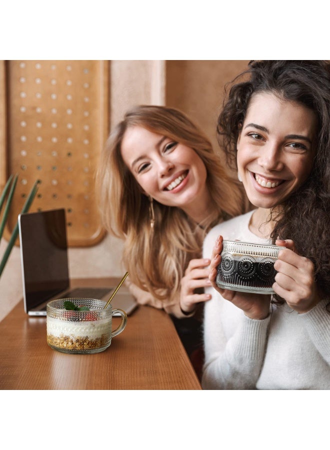 أكواب قهوة زجاجية عتيقة محفورة 14 أونصة، 2 عبوات حاويات شوفان ليلية مع أغطية الخيزران والملاعق، أكواب قهوة مثلجة شفافة، إكسسوارات بار قهوة لاتيه وكابوتشينو - Image 5