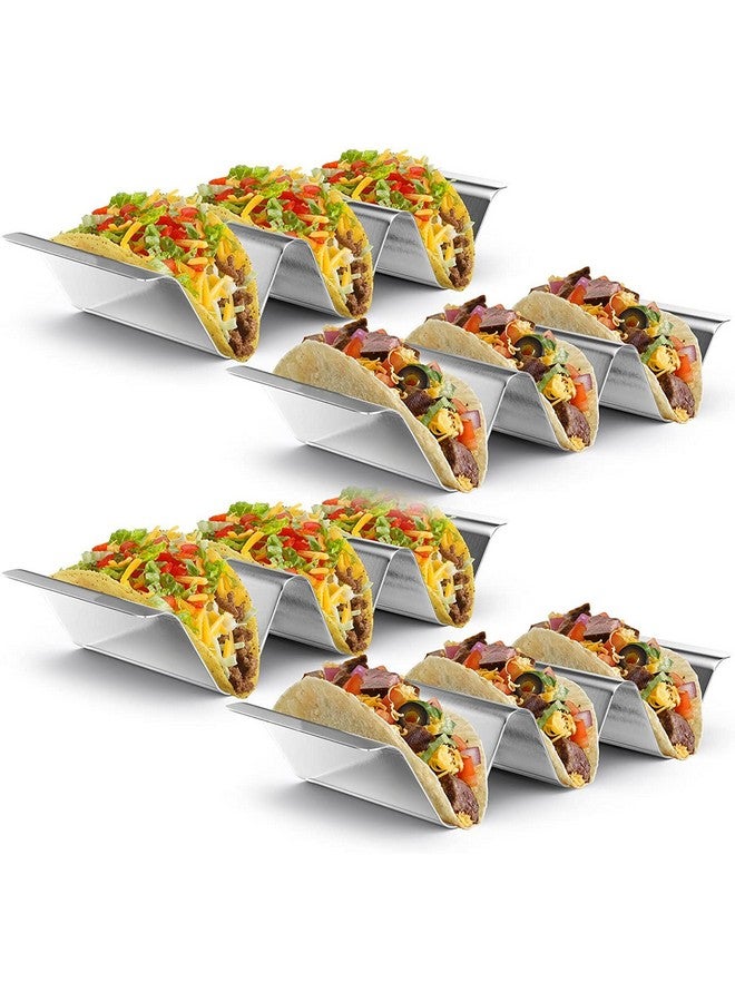 OrganizeMee حاملات التاكو من الفولاذ المقاوم للصدأ OrganizeMee، حوامل تاكو متميزة، تحمل 2 أو 3 تاكو لكل صينية تاكو، رف تاكو مع مقبض سهل الوصول، أصداف طبق تاكو من الدرجة الغذائية آمنة للفرن والشواية، خالية من BPA [مجموعة من 4] - Image 1
