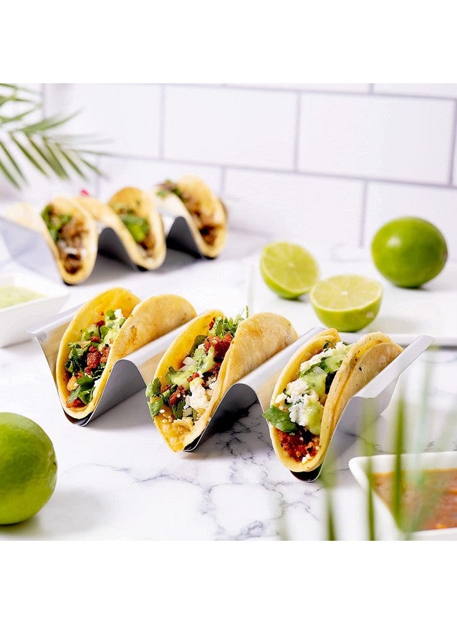 OrganizeMee حاملات التاكو من الفولاذ المقاوم للصدأ OrganizeMee، حوامل تاكو متميزة، تحمل 2 أو 3 تاكو لكل صينية تاكو، رف تاكو مع مقبض سهل الوصول، أصداف طبق تاكو من الدرجة الغذائية آمنة للفرن والشواية، خالية من BPA [مجموعة من 4] - Image 2