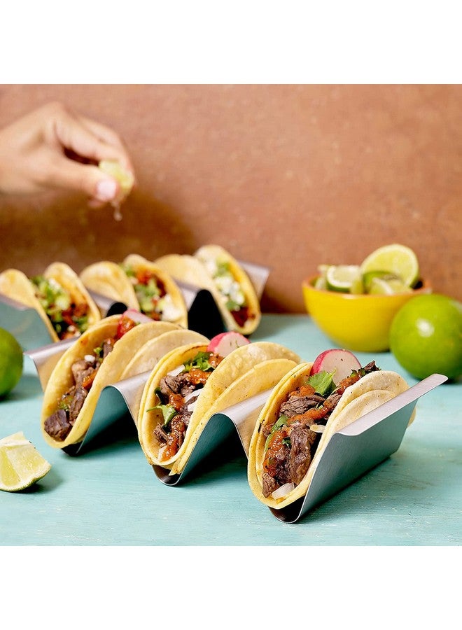 OrganizeMee حاملات التاكو من الفولاذ المقاوم للصدأ OrganizeMee، حوامل تاكو متميزة، تحمل 2 أو 3 تاكو لكل صينية تاكو، رف تاكو مع مقبض سهل الوصول، أصداف طبق تاكو من الدرجة الغذائية آمنة للفرن والشواية، خالية من BPA [مجموعة من 4] - Image 3