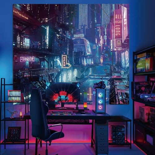 Avinyl Anime Punk City Wall Tapestry for Bedroom, Japanese Futuristic Neon Night Street Cyberpunk Tapestries Aesthetic, Futurism Skyscraper Backdrop for Living Gaming Room Dorm Decor 51in X 60in - Image 4