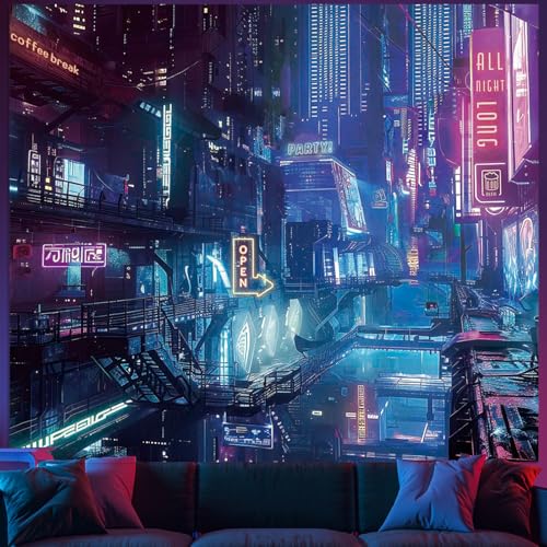 Avinyl Anime Punk City Wall Tapestry for Bedroom, Japanese Futuristic Neon Night Street Cyberpunk Tapestries Aesthetic, Futurism Skyscraper Backdrop for Living Gaming Room Dorm Decor 51in X 60in - Image 1