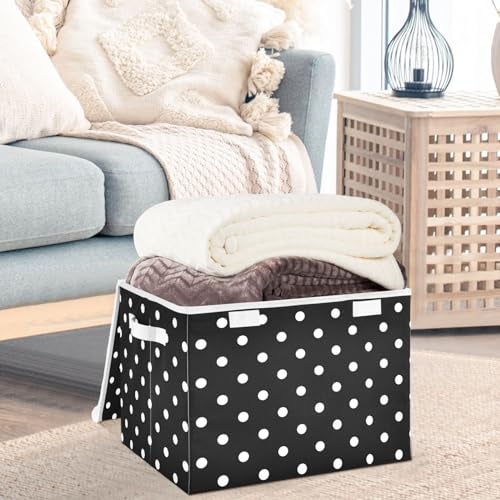 CaTaKu Polka Dot Storage Bins with Lids,White and Black Fabric Large Storage Container Cube Basket with Handle Decorative Storage Boxes for Organizing Clothes Shelves - Image 3