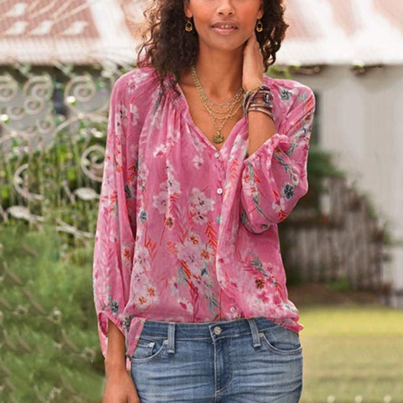 woobles Lotus.Flower Women's Loose Plus Size Print Long Sleeve V-Neck Button Pullover Tops Shirt - Image 1