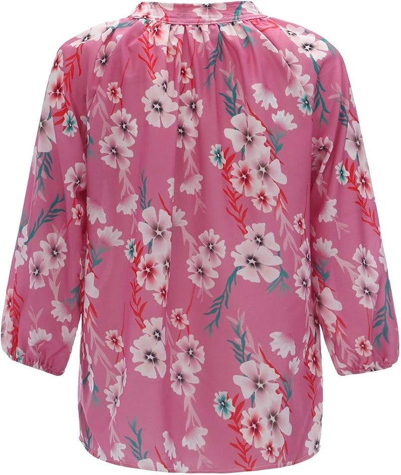 woobles Lotus.Flower Women's Loose Plus Size Print Long Sleeve V-Neck Button Pullover Tops Shirt - Image 5