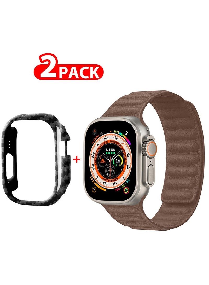 CATANES 2 Packs For Apple Watch Band 49mm Leather Link Strap Magnetic Loop Bracelet and Carbon Fiber Case Holder Brown  - Image 1