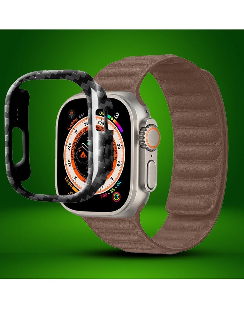 CATANES 2 Packs For Apple Watch Band 49mm Leather Link Strap Magnetic Loop Bracelet and Carbon Fiber Case Holder Brown  - Image 2