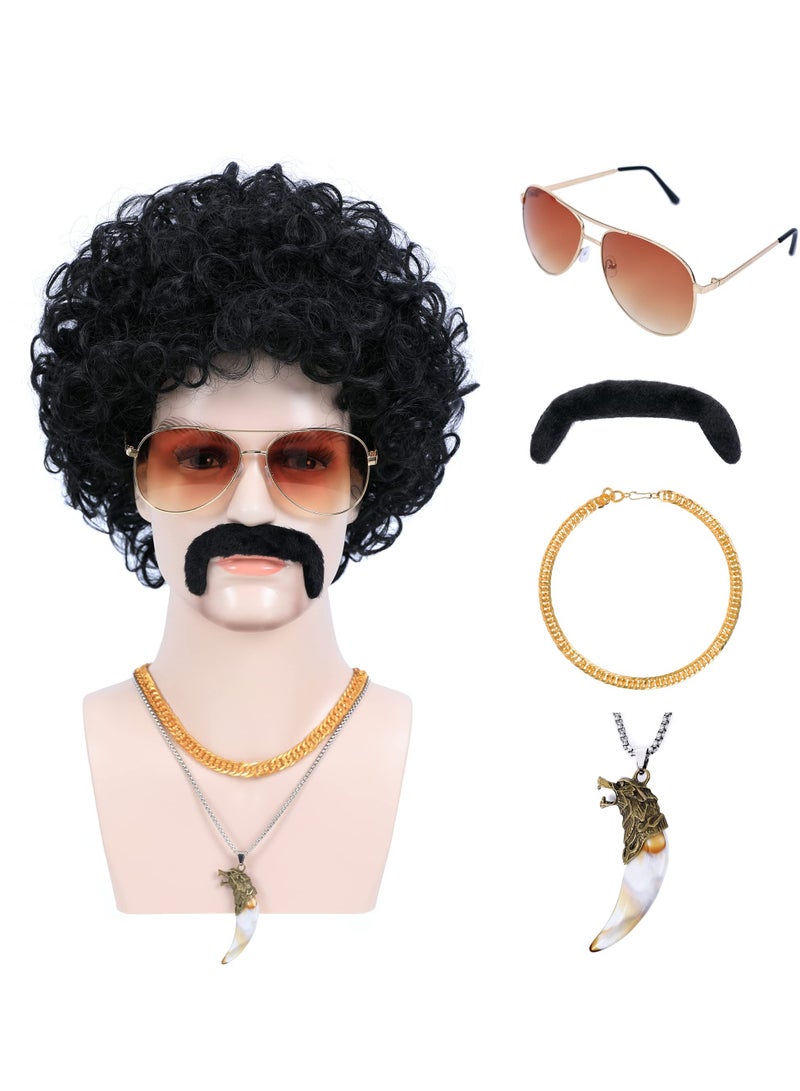 Excefore 6pcs Set, 70s 80s Disco Wig with Mustache Glasses, Artificial Wolf Necklace Gold Chain, Short Curly Synthetic Hair Afro Men's Wig for 60s Rocker Hippies Costume Cosplay Party (Black) - Image 1