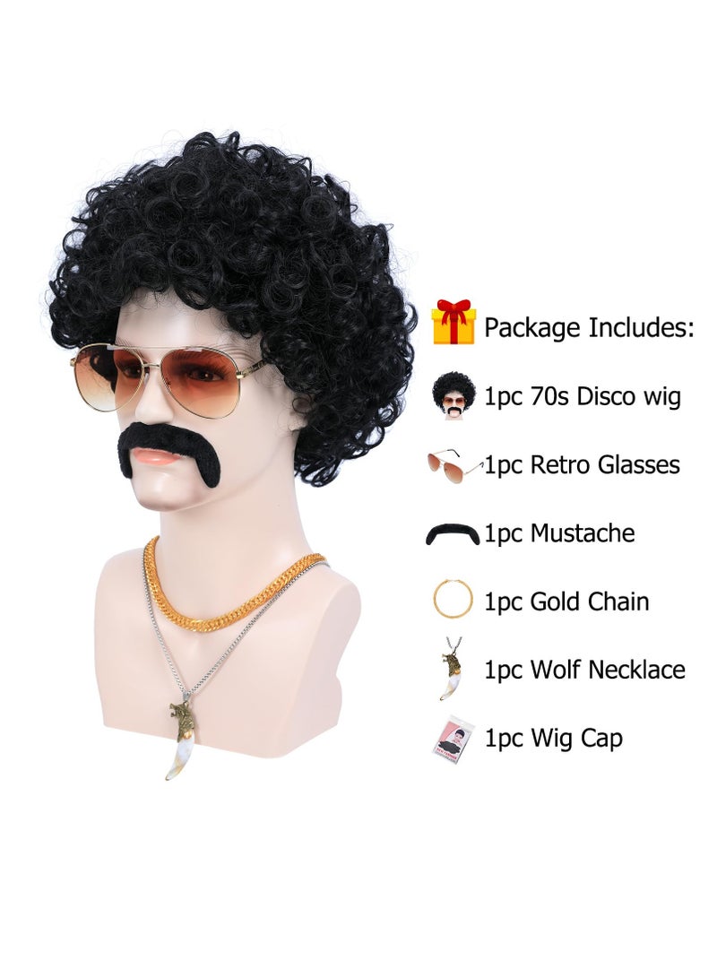 Excefore 6pcs Set, 70s 80s Disco Wig with Mustache Glasses, Artificial Wolf Necklace Gold Chain, Short Curly Synthetic Hair Afro Men's Wig for 60s Rocker Hippies Costume Cosplay Party (Black) - Image 3