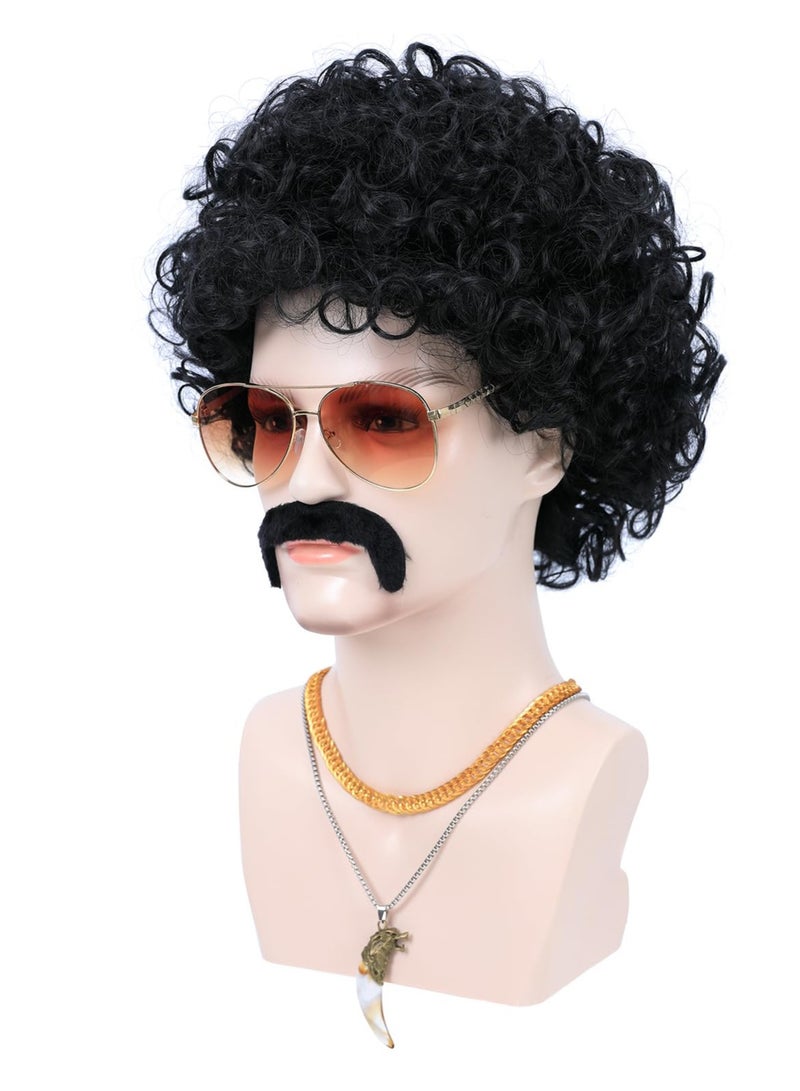 Excefore 6pcs Set, 70s 80s Disco Wig with Mustache Glasses, Artificial Wolf Necklace Gold Chain, Short Curly Synthetic Hair Afro Men's Wig for 60s Rocker Hippies Costume Cosplay Party (Black) - Image 2