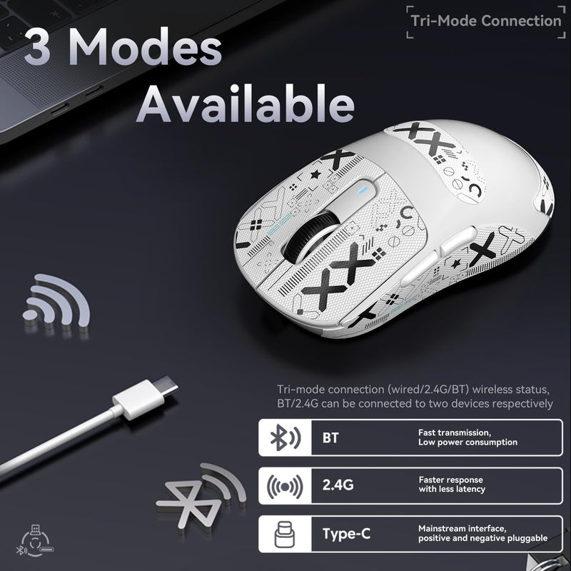ماوس ATTACK SHARK X3 فائق الخفة 49غ، مستشعر ألعاب PixArt PAW3395، ماوس ألعاب لاسلكي BT/2.4G/سلكي، 26000 DPI، بطارية 200 ساعة، ماوس مكتبي لنظام Win11/Xbox/PS/Mac (أبيض) - Image 4