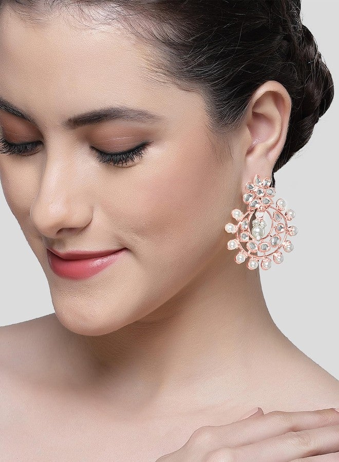 كارات كارت أقراط متدلية مطلية بالذهب الوردي من كاراتكارت مرصعة باللؤلؤ والكوندان للنساء - Image 3