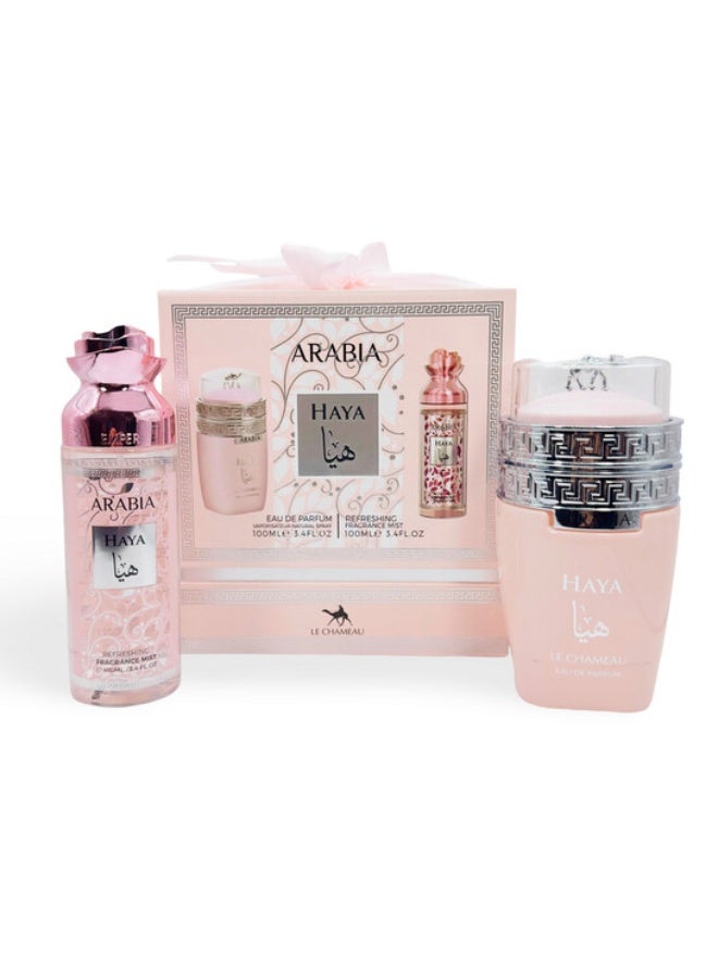 أرابيا مجموعة عطر أرابيا هيا من لو شامو (Le Chameau Arabia Haya) هي مجموعة فاخرة تجمع بين الأناقة والجاذبية، مصممة للمرأة العصرية. يتكون العطر من مزيج متناغم من الروائح الزهرية والفاكهية والخشبية الدافئة.