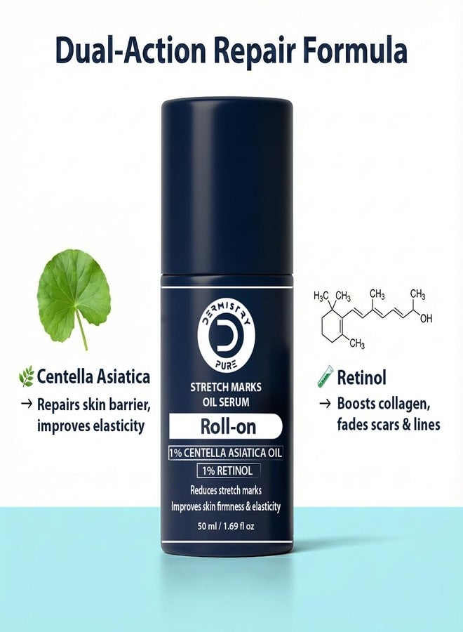 Dermistry Stretch Marks Scar Removal Roll On Oil Serum with Retinol & Centella Asiatica Bio Oil for Men Women During After Pregnancy Weight Gain or Loss Removes Hyperpigmentation Uneven Tone 50ml - Image 3