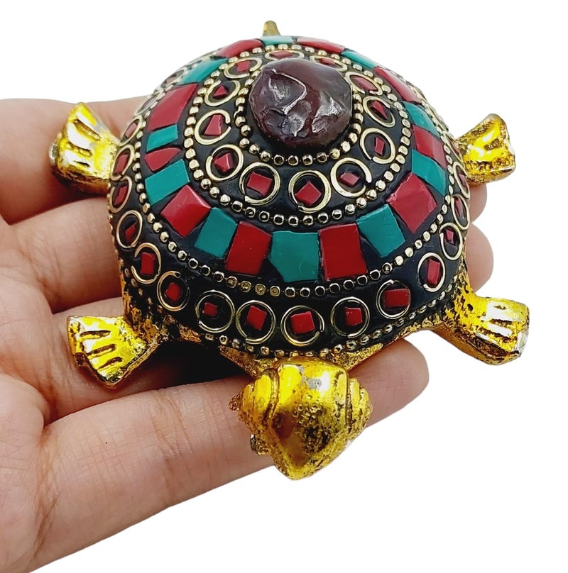 ARTISKRITI Tortoise Turtle for Good Luck for Home, Metal Kachua Feng Shui Vastu Items for Good Luck, Decorative Items for Living Room, Blue Red, 8 cm , 6 cm - Image 2