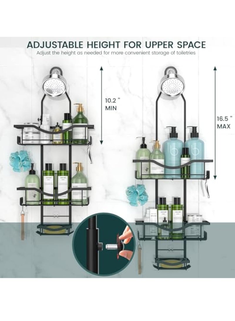 Arabest حامل دش معلق قابل للتعديل، منظم دش مقاوم للصدأ بطول ممتد، حامل دش فوق رأس الدش مع خطافات لحامل الصابون، منظم حمام بسعة كبيرة مضاد للتأرجح، أسود - Image 2