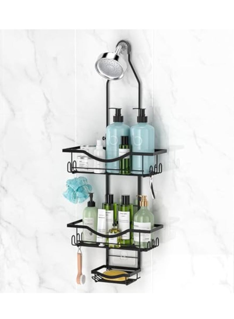 Arabest حامل دش معلق قابل للتعديل، منظم دش مقاوم للصدأ بطول ممتد، حامل دش فوق رأس الدش مع خطافات لحامل الصابون، منظم حمام بسعة كبيرة مضاد للتأرجح، أسود - Image 1