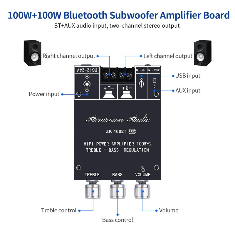 ARRAROWN ZK-1002T PRO 2.0 Channel Bluetooth 5.0 Amplifier Board 200W HiFi Subwoofer Audio AMP with Treble and Bass, BT USB and AUX Inputs, DC 12-24V 2.0 Channel Stereo AMP Module for DIY Speakers - Image 5