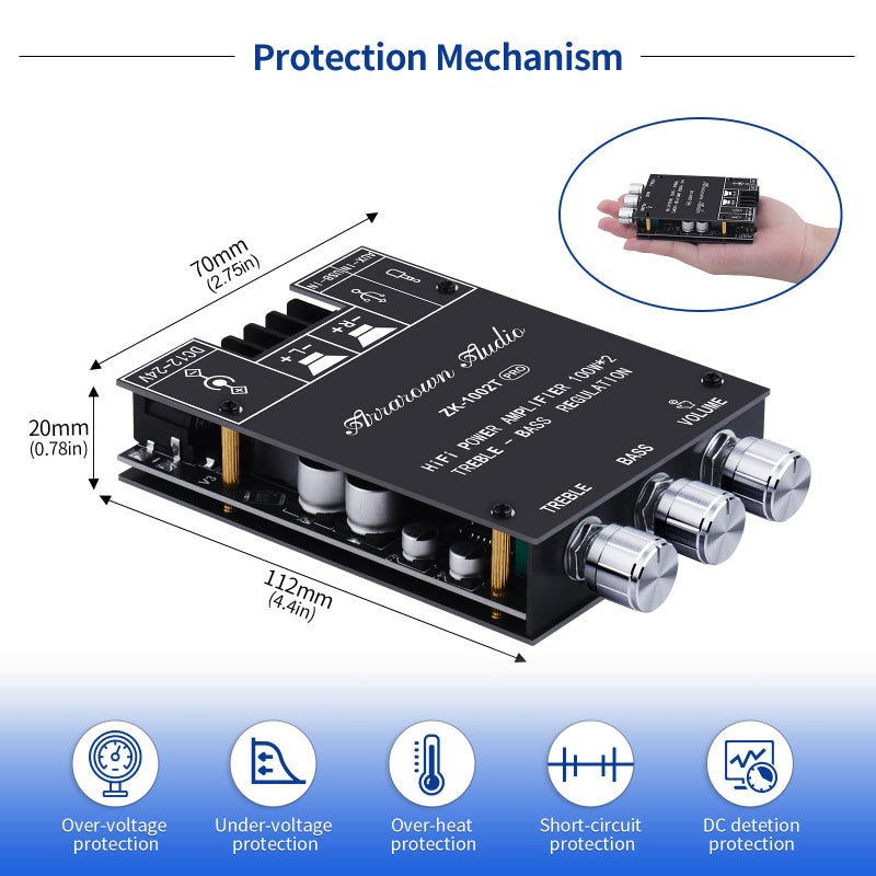 ARRAROWN ZK-1002T PRO 2.0 Channel Bluetooth 5.0 Amplifier Board 200W HiFi Subwoofer Audio AMP with Treble and Bass, BT USB and AUX Inputs, DC 12-24V 2.0 Channel Stereo AMP Module for DIY Speakers - Image 4