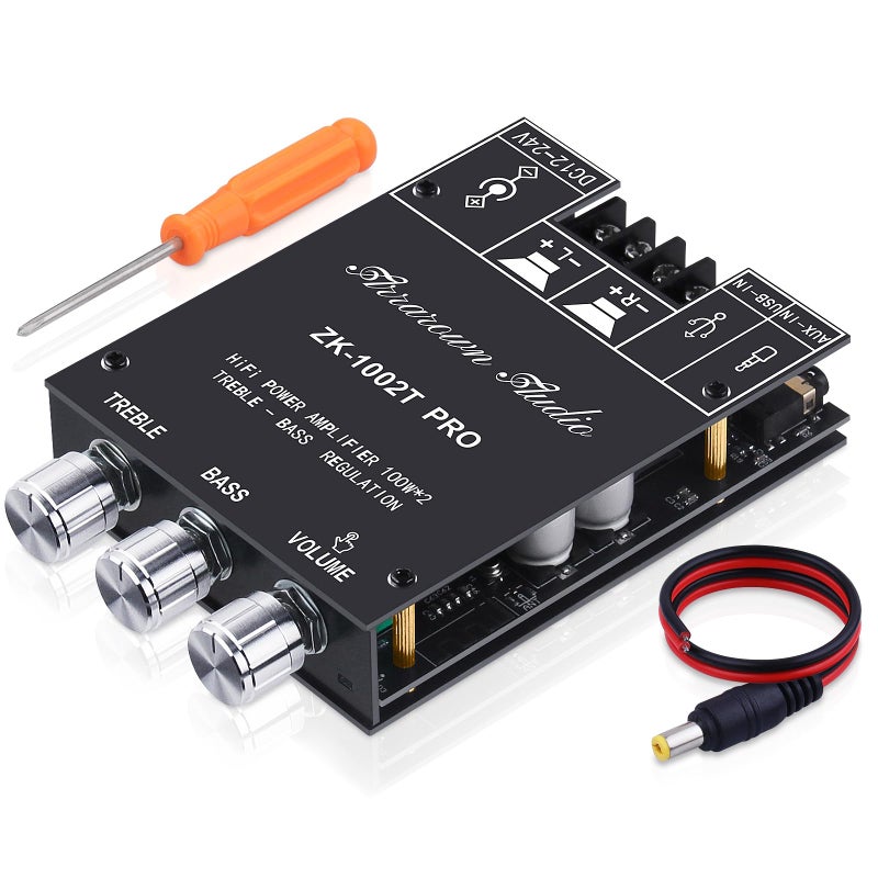 ARRAROWN ZK-1002T PRO 2.0 Channel Bluetooth 5.0 Amplifier Board 200W HiFi Subwoofer Audio AMP with Treble and Bass, BT USB and AUX Inputs, DC 12-24V 2.0 Channel Stereo AMP Module for DIY Speakers - Image 1