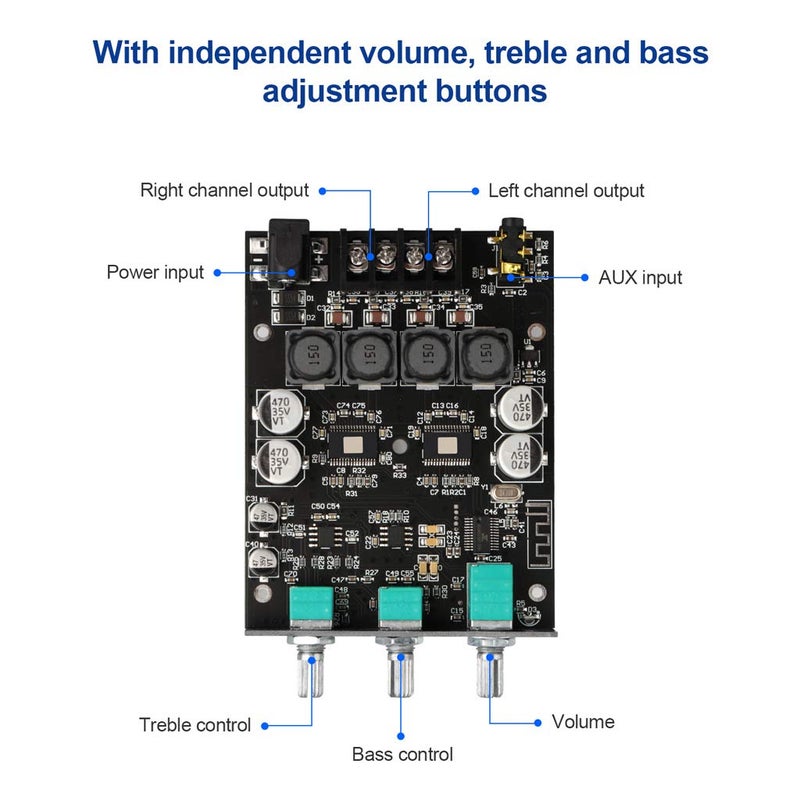 ARRAROWN ZK-1002T PRO 2.0 Channel Bluetooth 5.0 Amplifier Board 200W HiFi Subwoofer Audio AMP with Treble and Bass, BT USB and AUX Inputs, DC 12-24V 2.0 Channel Stereo AMP Module for DIY Speakers - Image 2