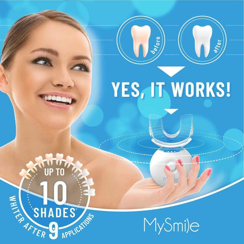 MySmile مجموعة تبييض الأسنان MySmile مع ضوء LED، تبييض سريع غير حساس للأسنان خلال 10 دقائق مع 3 جل تبييض كارباميد بيروكسيد، يساعد على إزالة البقع من القهوة، التدخين، النبيذ، الصودا، الطعام - Image 2