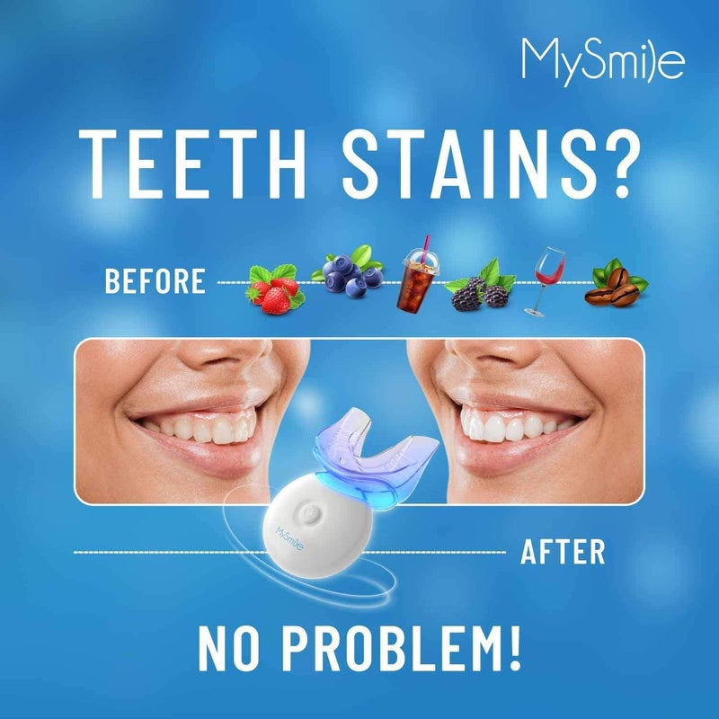 MySmile مجموعة تبييض الأسنان MySmile مع ضوء LED، تبييض سريع غير حساس للأسنان خلال 10 دقائق مع 3 جل تبييض كارباميد بيروكسيد، يساعد على إزالة البقع من القهوة، التدخين، النبيذ، الصودا، الطعام - Image 3