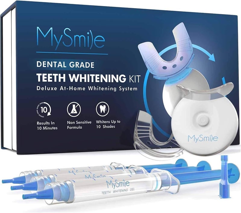 MySmile مجموعة تبييض الأسنان MySmile مع ضوء LED، تبييض سريع غير حساس للأسنان خلال 10 دقائق مع 3 جل تبييض كارباميد بيروكسيد، يساعد على إزالة البقع من القهوة، التدخين، النبيذ، الصودا، الطعام - Image 1