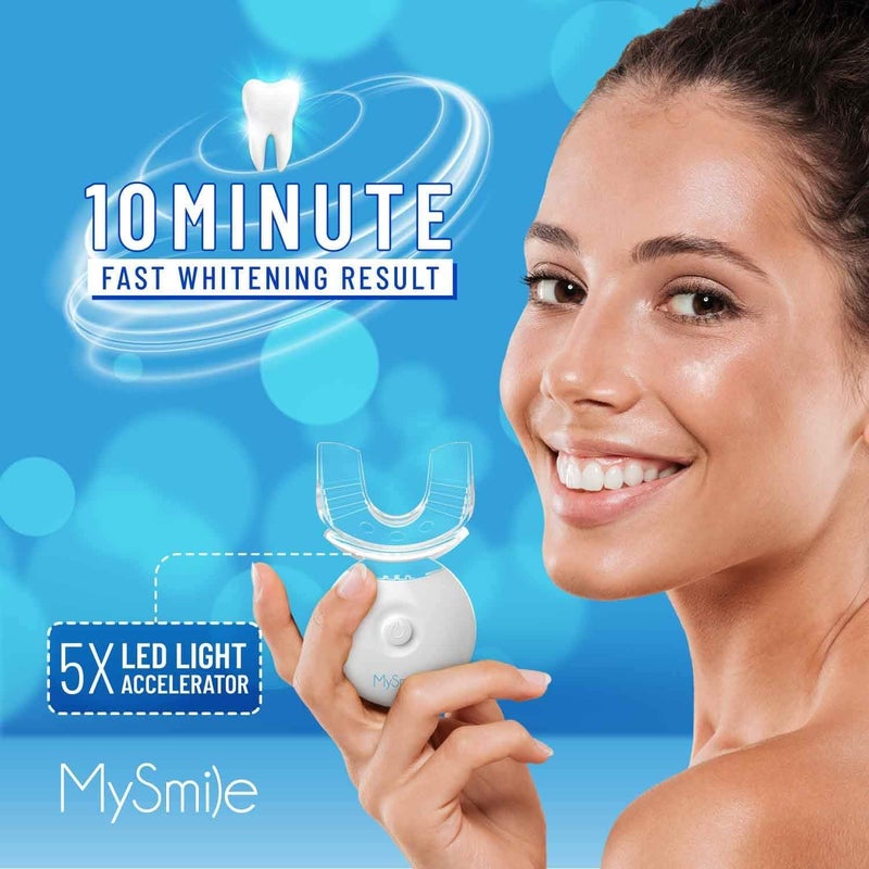 MySmile مجموعة تبييض الأسنان MySmile مع ضوء LED، تبييض سريع غير حساس للأسنان خلال 10 دقائق مع 3 جل تبييض كارباميد بيروكسيد، يساعد على إزالة البقع من القهوة، التدخين، النبيذ، الصودا، الطعام - Image 4