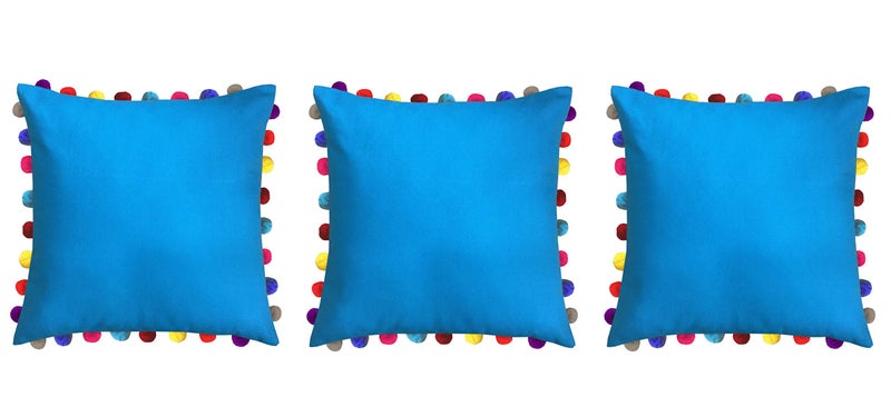 Lushomes Cushion Cover 24x24, Boho Cushion Covers, Sofa Pillow Cover, Cushion Covers with Tassels, Cushion Cover with pom pom (24x24 Inches, Set of 3, Blue) - Image 1